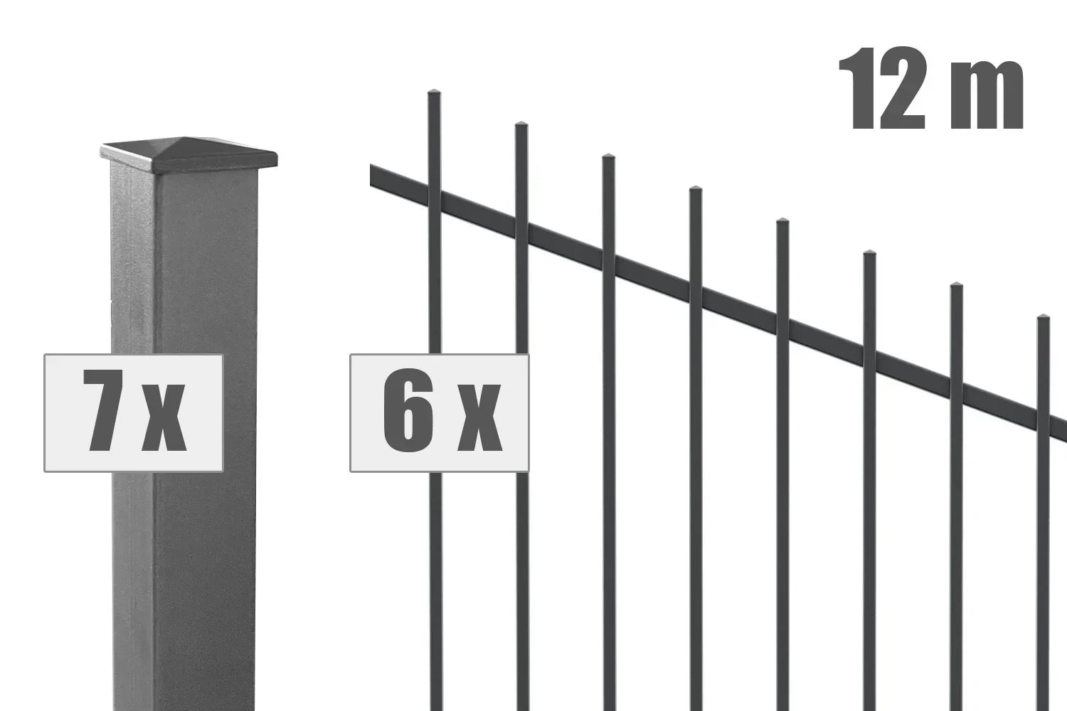 Steigungszaun aus Metall, 12 Meter lang, mit 6 Zaunfeldern und 7 Pfosten, anthrazit