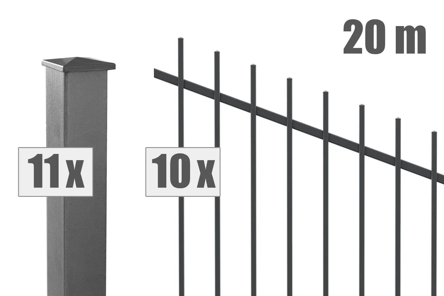 Metall-Steigungszaun Basel Set, 20 Meter, 11 Pfosten, 10 Zaunelemente, anthrazit