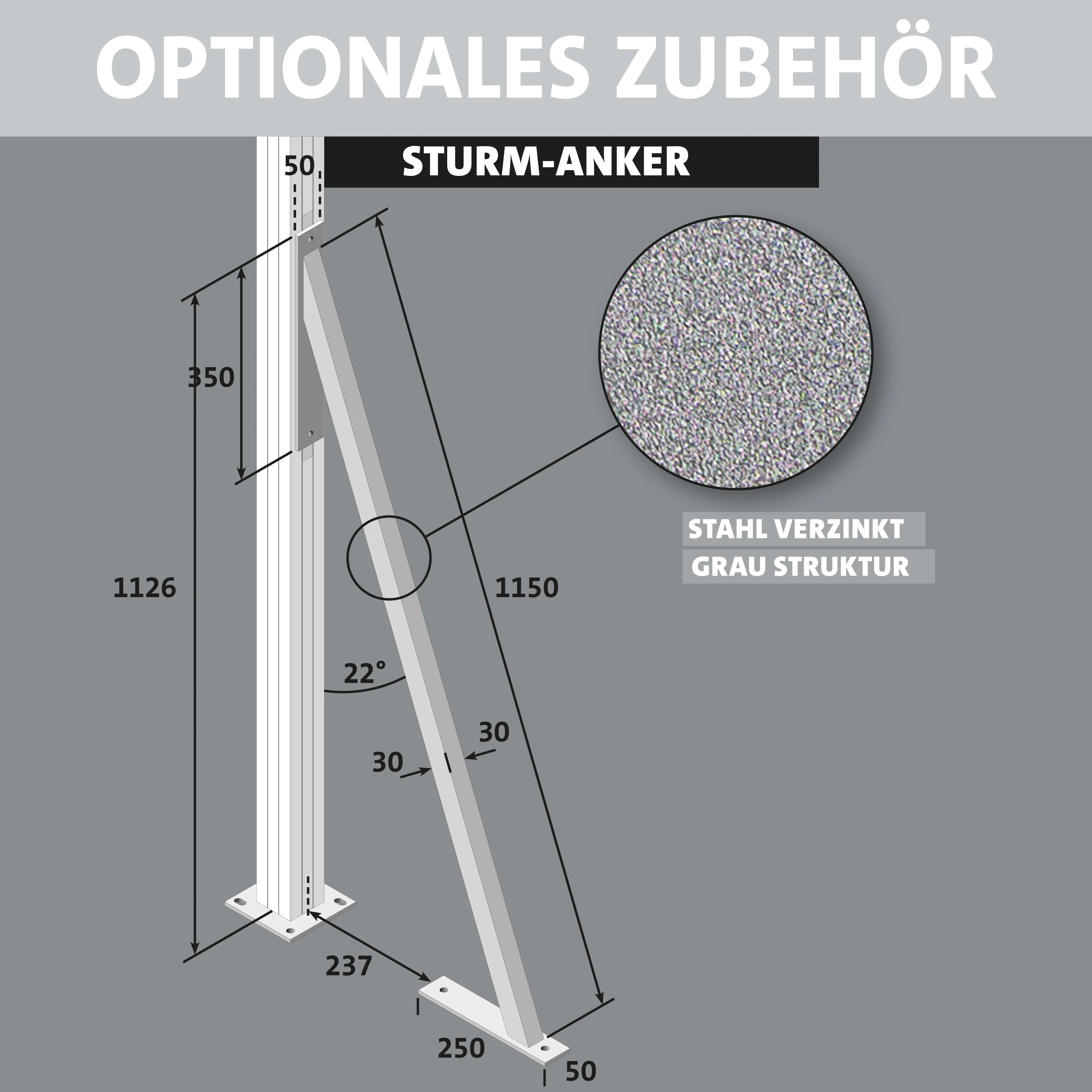 Sturmanker aus verzinktem Stahl in grauer Struktur, technische Zeichnung für Zaunsystem