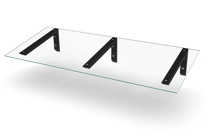 Modernes Glasvordach mit schwarzen Metallträgern, minimalistisches Design für Eingangsbereich