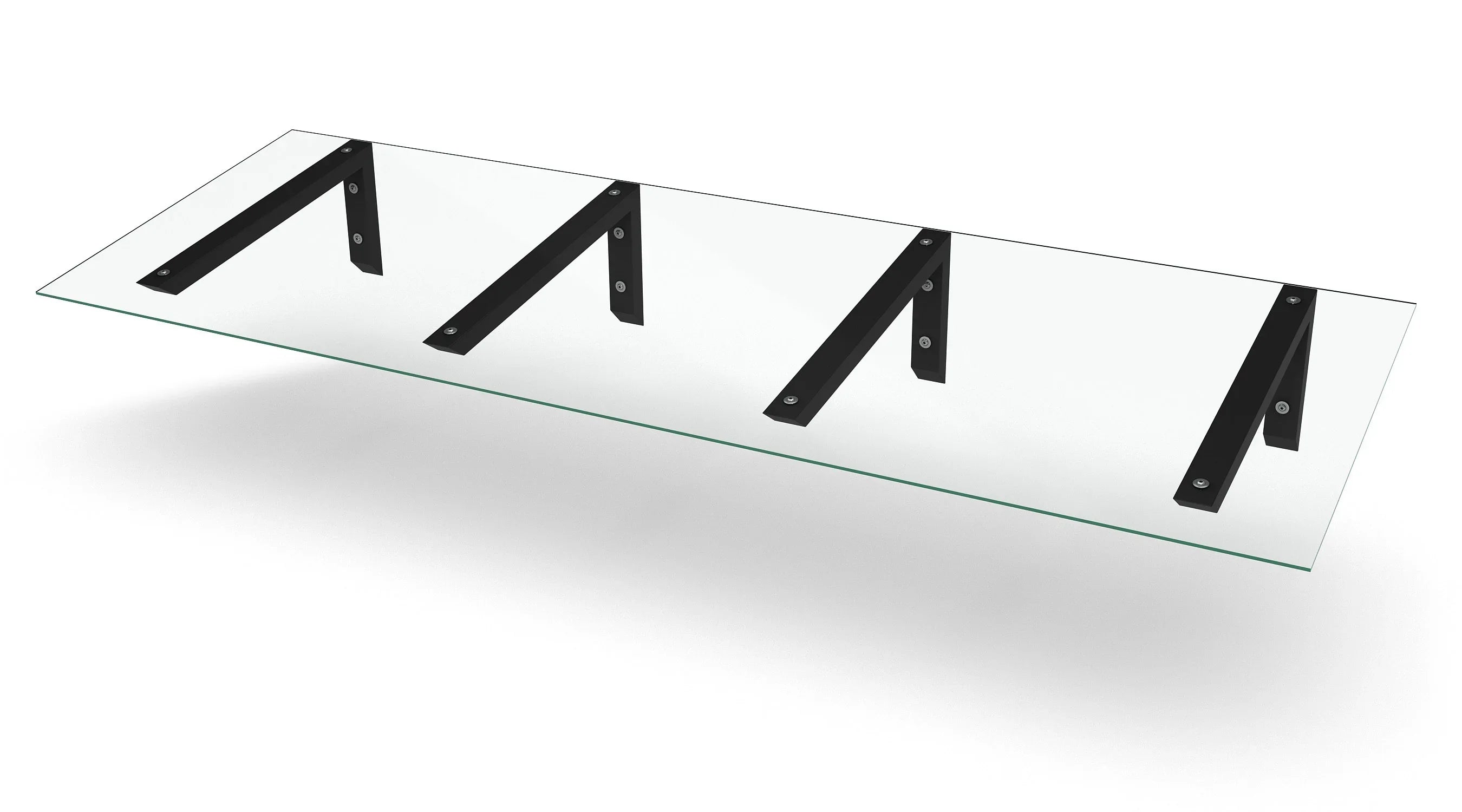 Modernes Glasvordach mit vier schwarzen Metallträgern, Überdachung für Eingang