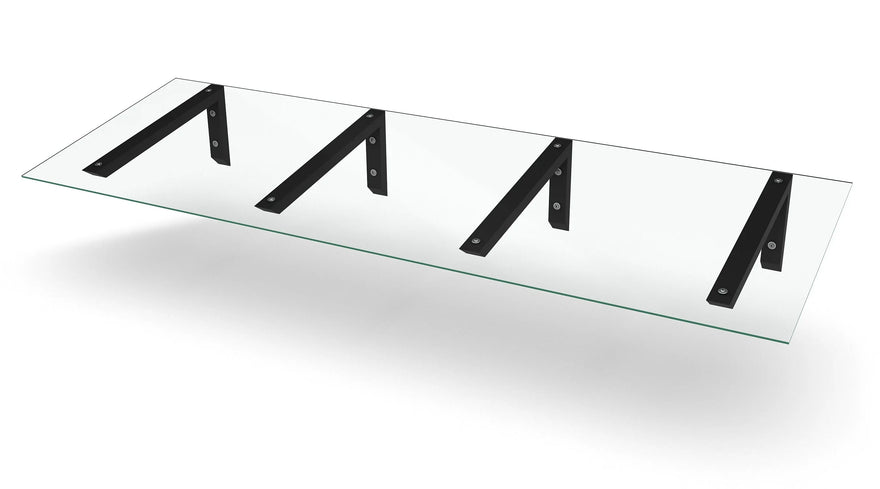 Modernes Glasvordach mit vier schwarzen Metallträgern, Überdachung für Eingang