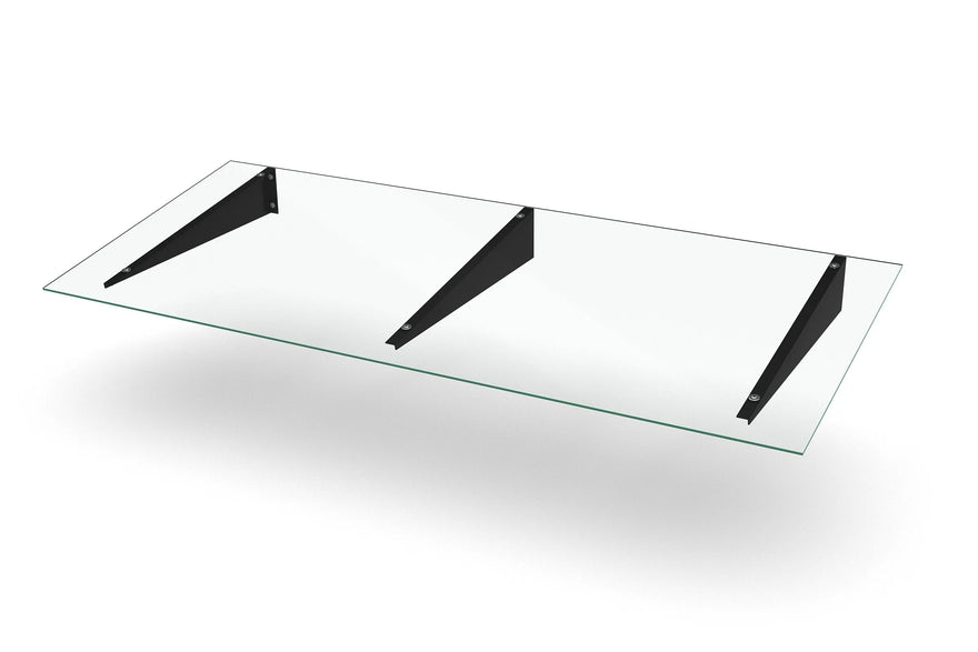 Modernes Vordach aus Glas mit drei schwarzen Metallträgern, minimalistisch, wetterfest