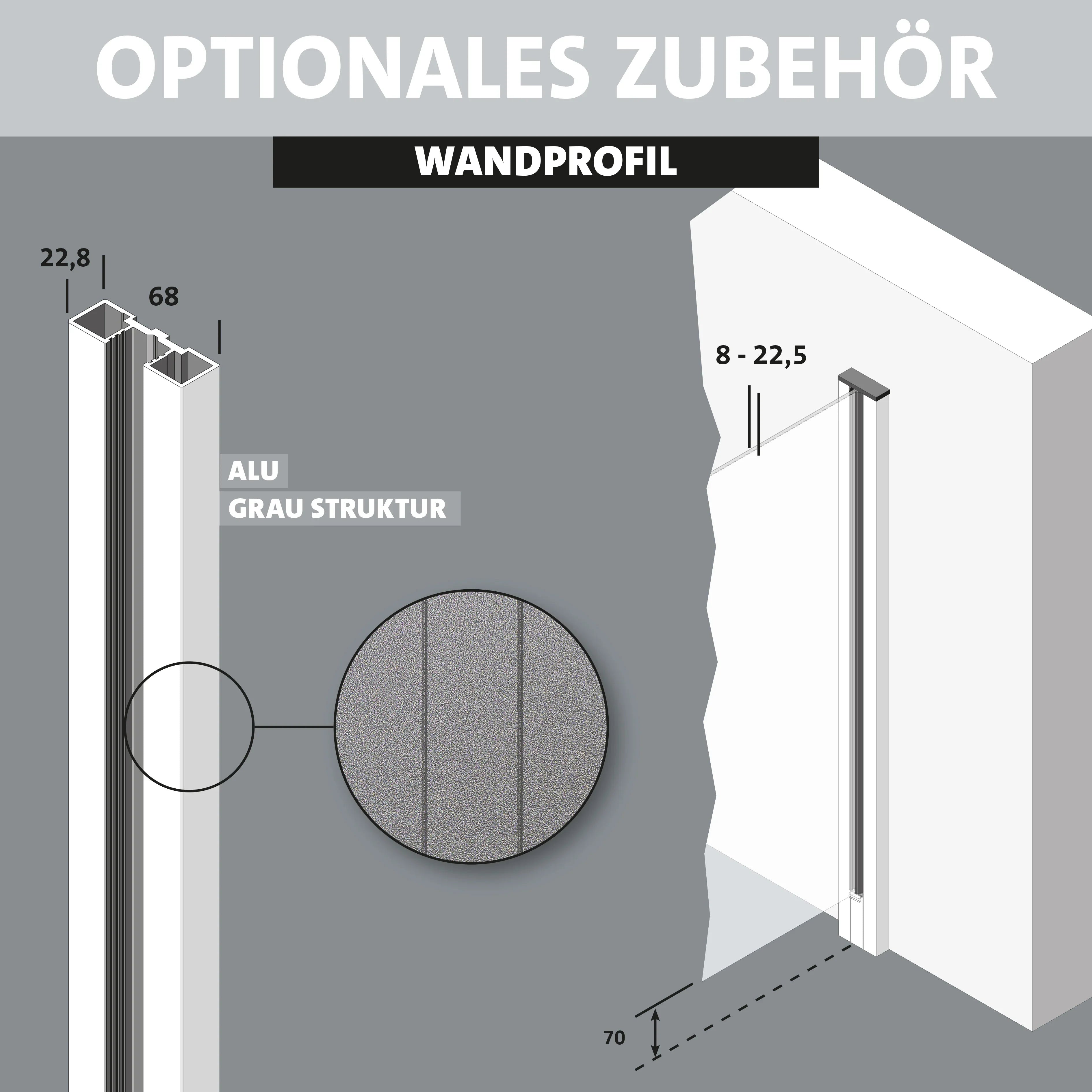 Aluminium Wandprofil grau strukturiert für Zaunpfosten, technische Zeichnung mit Maßen