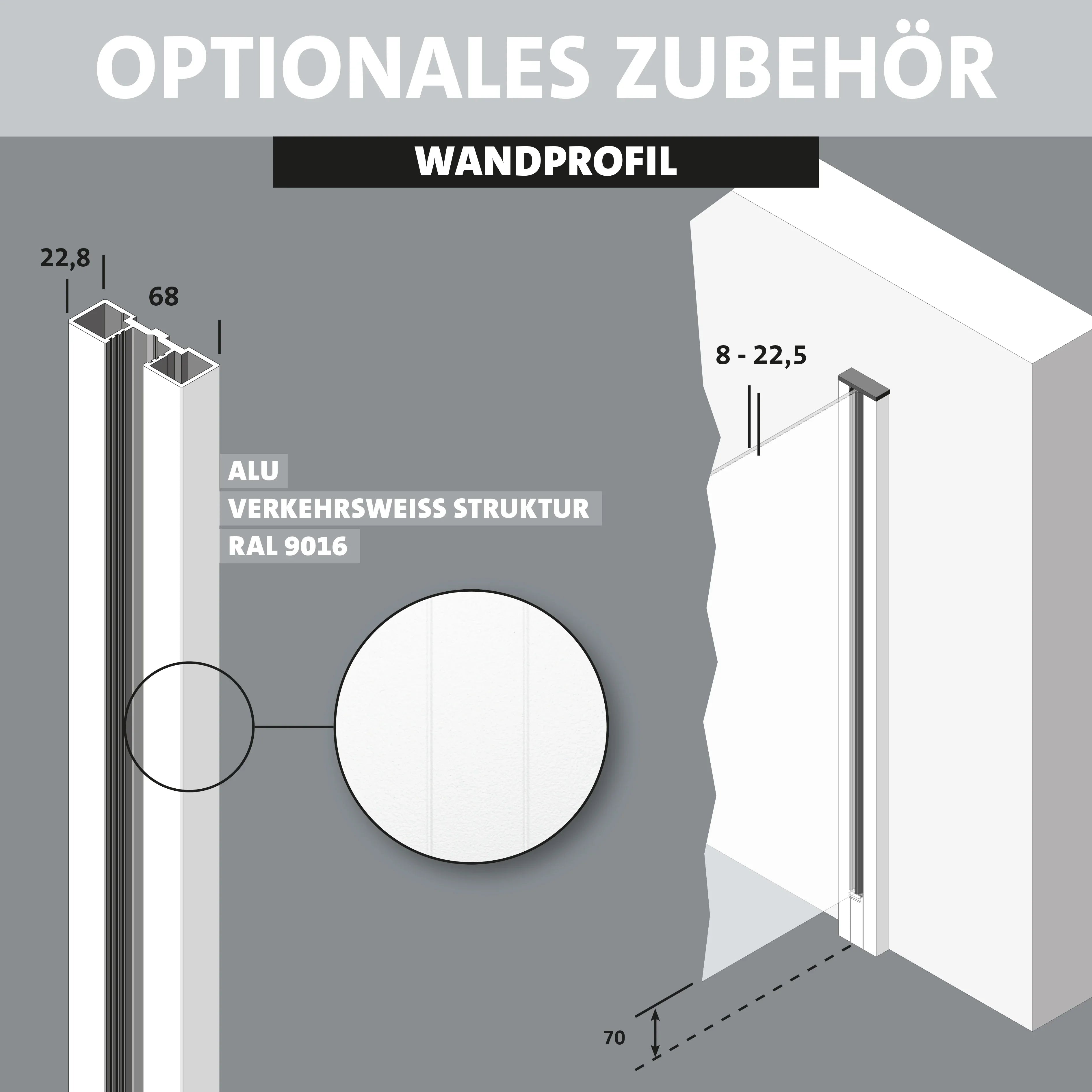 Wandprofil aus Aluminium verkehrsweiß RAL 9016 für Zaunpfosten Flexo, mit Maßen und Strukturansicht
