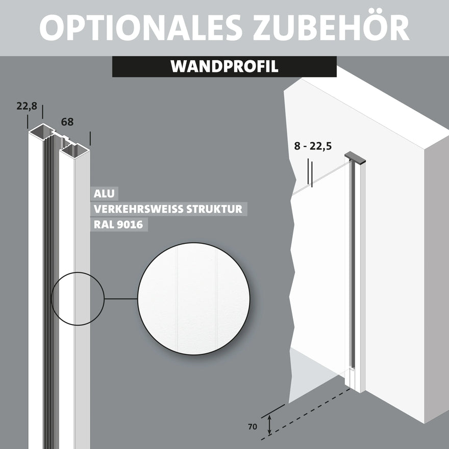 Wandprofil aus Aluminium verkehrsweiß RAL 9016 für Zaunpfosten Flexo, mit Maßen und Strukturansicht