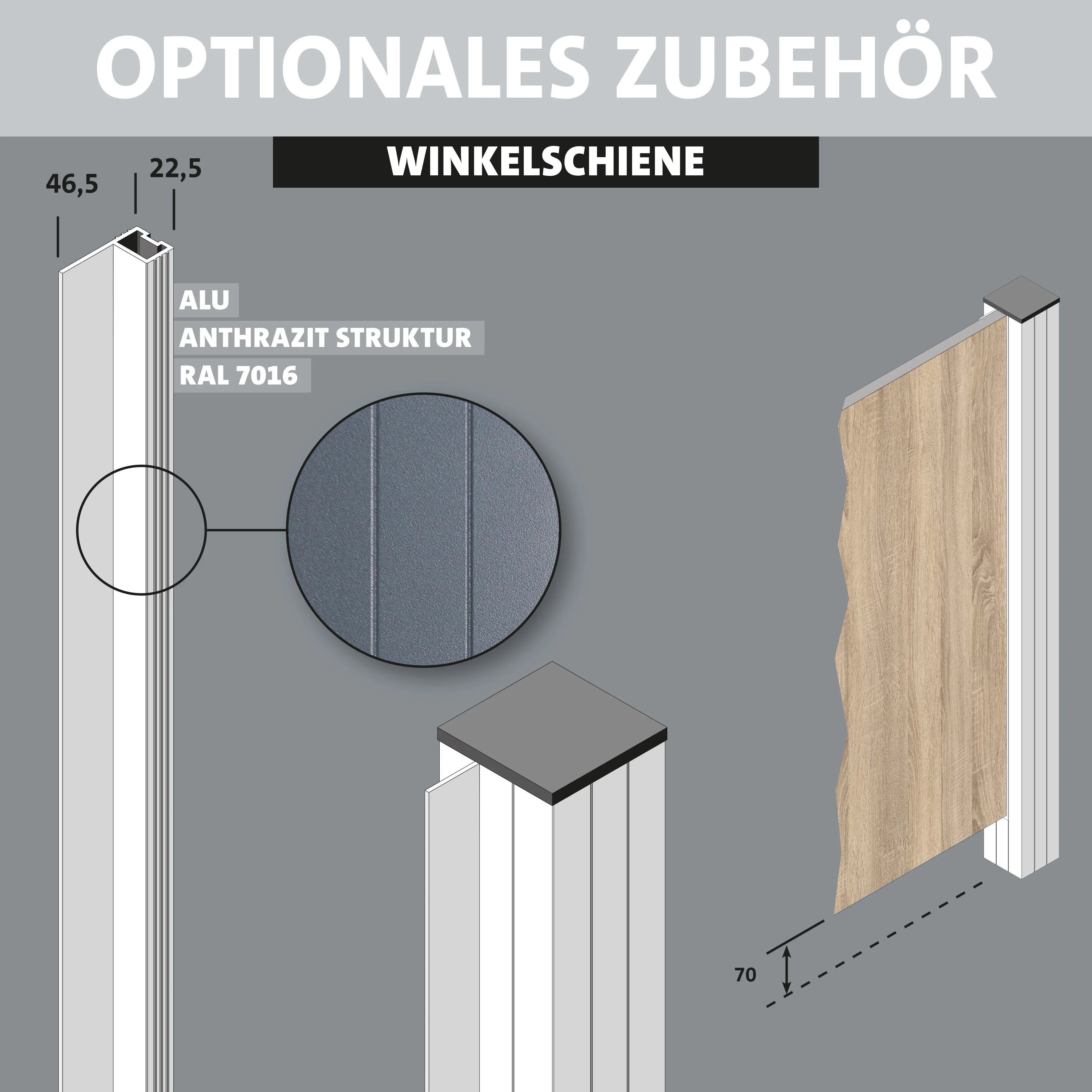 Alu Winkelschiene anthrazit RAL 7016, strukturierte Oberfläche, technische Zeichnung, Maße