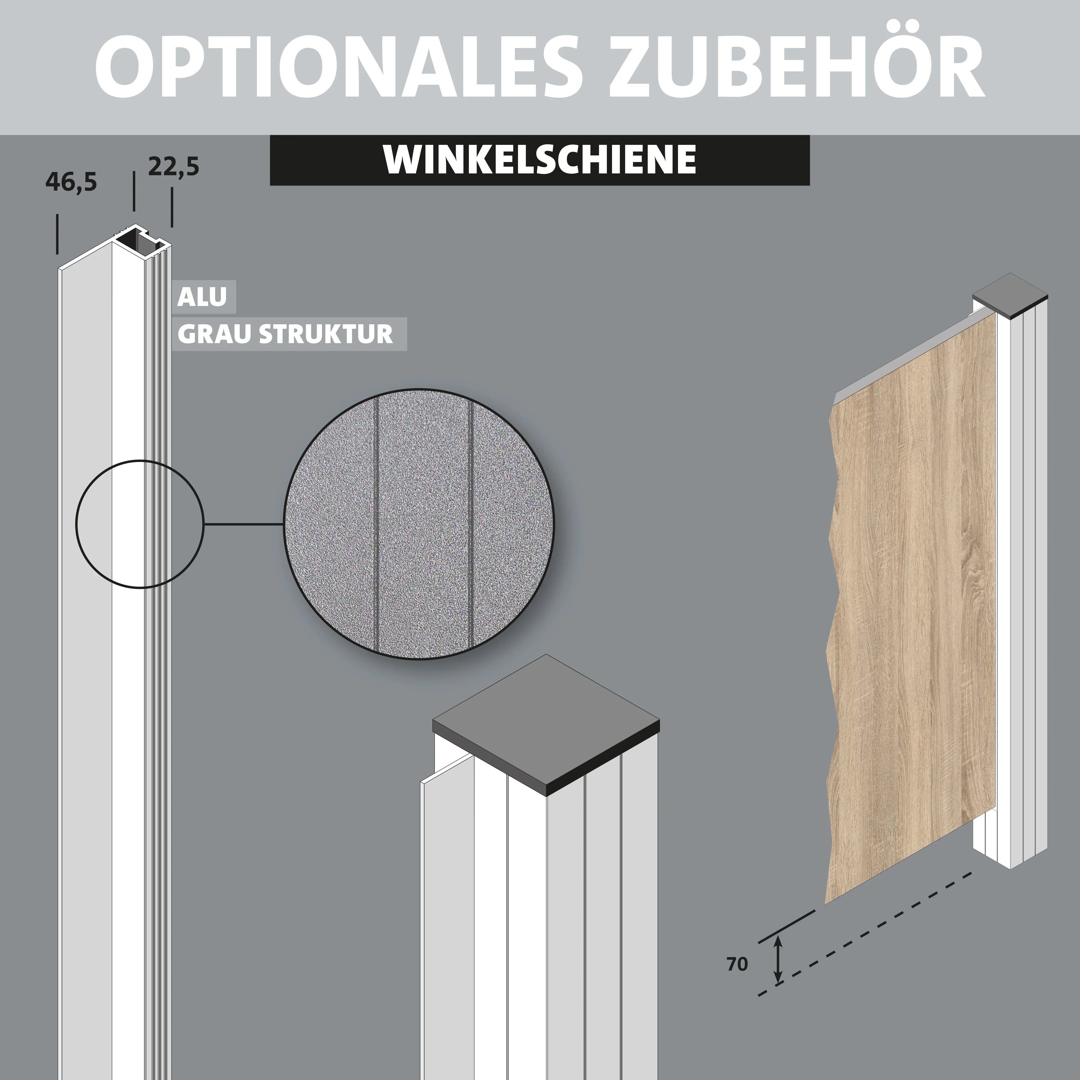 Winkelschiene aus Aluminium grau, strukturiert, technische Zeichnung mit Maßen und Detailansicht.