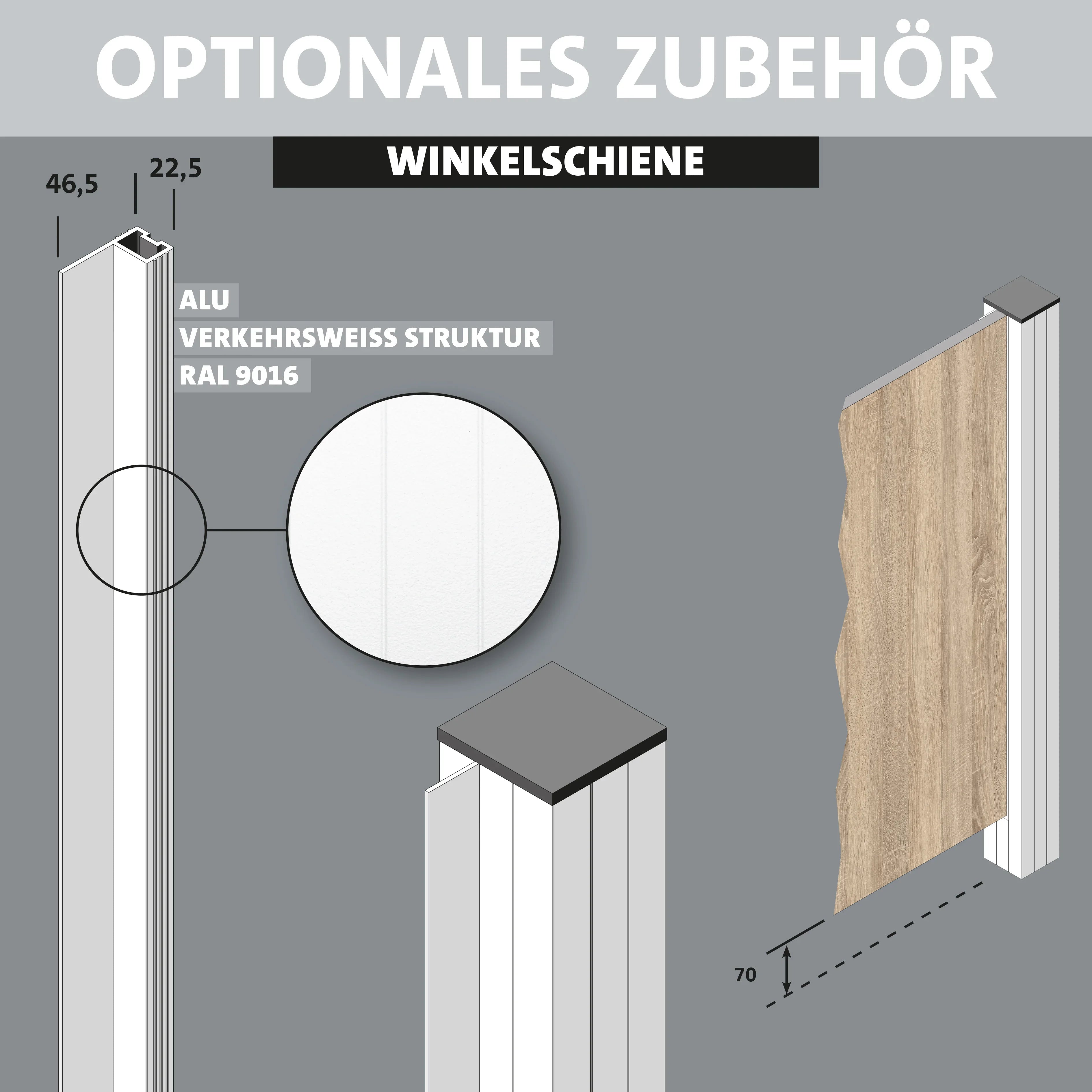 Weiße Aluminium Winkelschiene RAL 9016 als optionales Zubehör, technische Zeichnung mit Maßen.