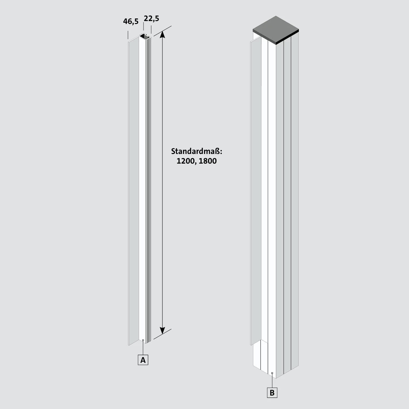 Winkelschiene für Zaunpfosten, Maße 46,5 x 22,5 mm, Standardlängen 1200 und 1800 mm, technische Zeichnung.