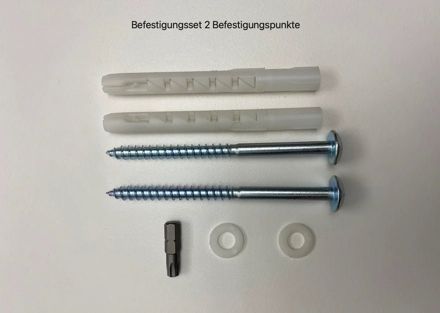 Befestigungsset mit 2 Dübeln, 2 Schrauben, Bit-Einsatz und 2 Unterlegscheiben auf weißem Hintergrund