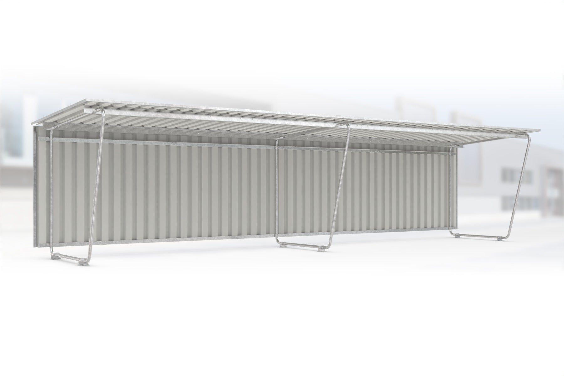 Anbaueinheit Siegen S19 feuerverzinkt an Grundeinheit Siegen S18, 4300 × 2330 mm, Pultdach mit Trapezblech, ohne Seitenwände, mit Trapezblech-Rückwand – Stahlbausatz zur Eigenaufstellung