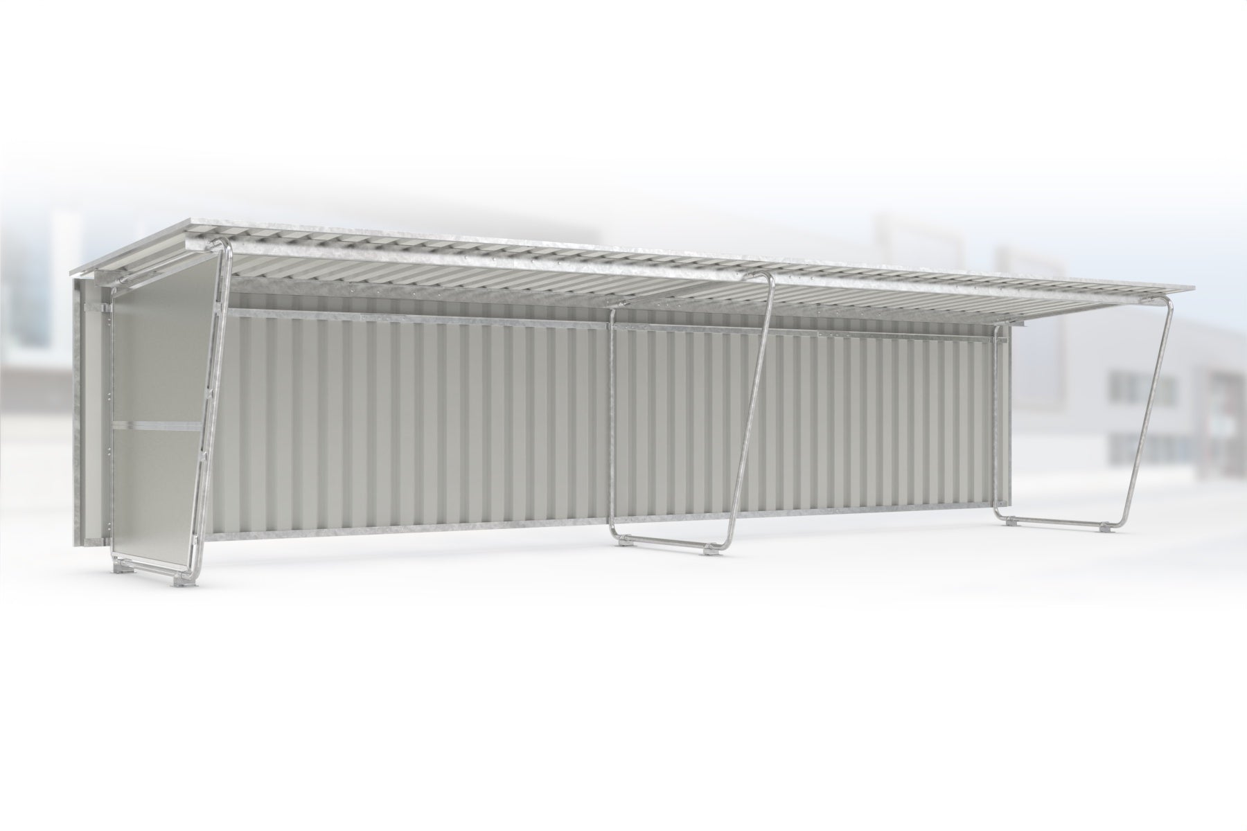 Anbaueinheit Siegen S19 feuerverzinkt an Grundeinheit Siegen S18, 4300 × 2330 mm, Pultdach mit Trapezblech, mit lichtdurchlässiger Polyester-Seitenwand links, mit Trapezblech-Rückwand – Stahlbausatz zur Eigenaufstellung