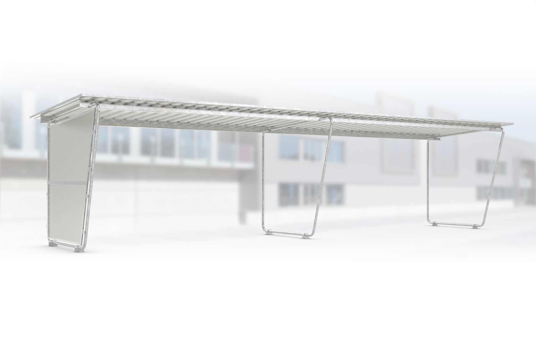 Anbaueinheit Siegen S19 feuerverzinkt an Grundeinheit Siegen S18, 4300 × 2330 mm, Pultdach mit Trapezblech, mit lichtdurchlässiger Polyester-Seitenwand links, offene Rückseite – Stahlbausatz zur Eigenaufstellung