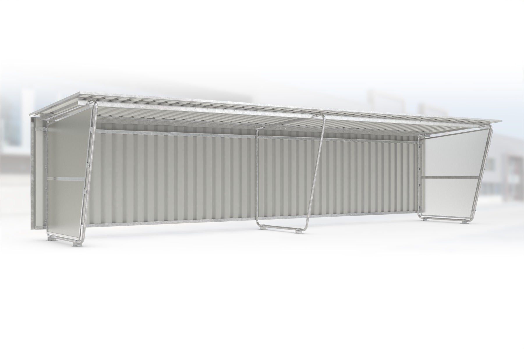 Anbaueinheit Siegen S19 feuerverzinkt an Grundeinheit Siegen S18, 4300 × 2330 mm, Pultdach mit Trapezblech, mit lichtdurchlässigen Polyester-Seitenwänden links und rechts, mit Trapezblech-Rückwand – Stahlbausatz zur Eigenaufstellung