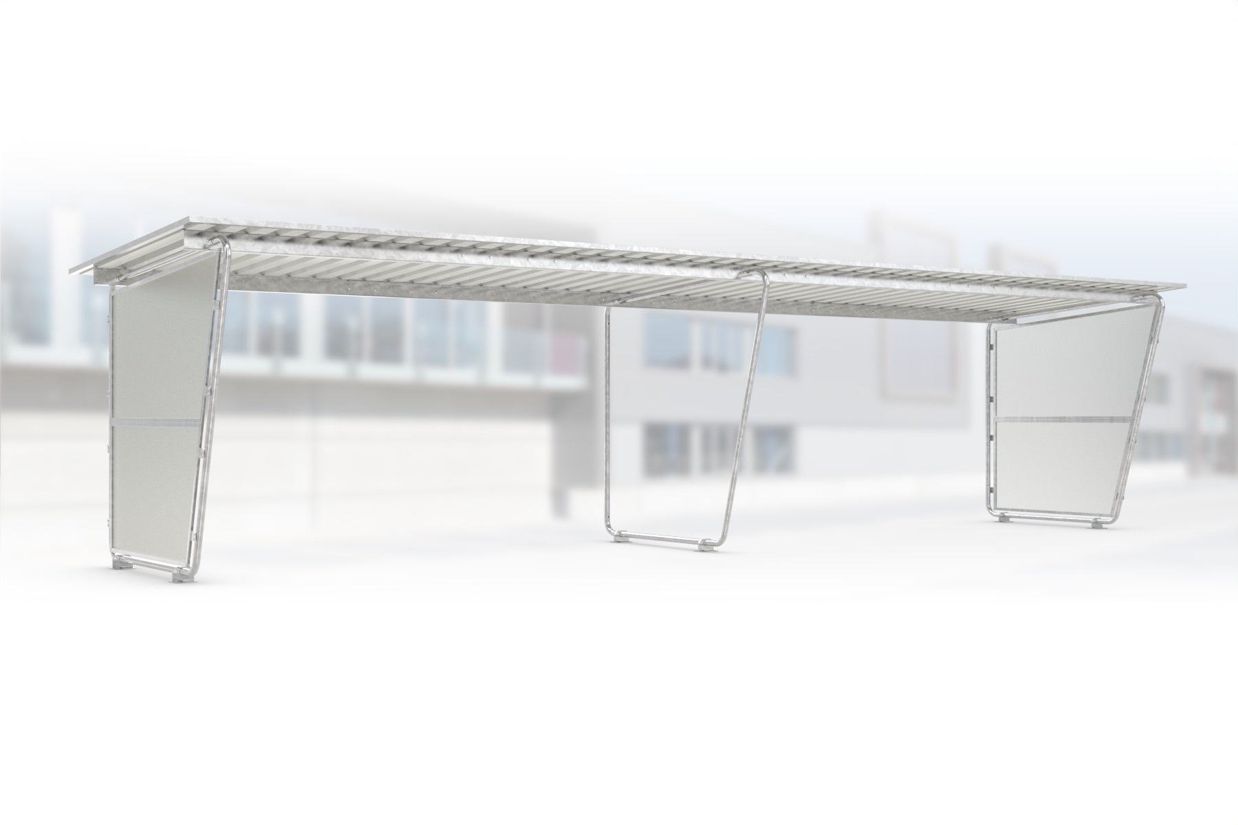 Anbaueinheit Siegen S19 feuerverzinkt an Grundeinheit Siegen S18, 4300 × 2330 mm, Pultdach mit Trapezblech, mit lichtdurchlässigen Polyester-Seitenwänden links und rechts, offene Rückseite – Stahlbausatz zur Eigenaufstellung