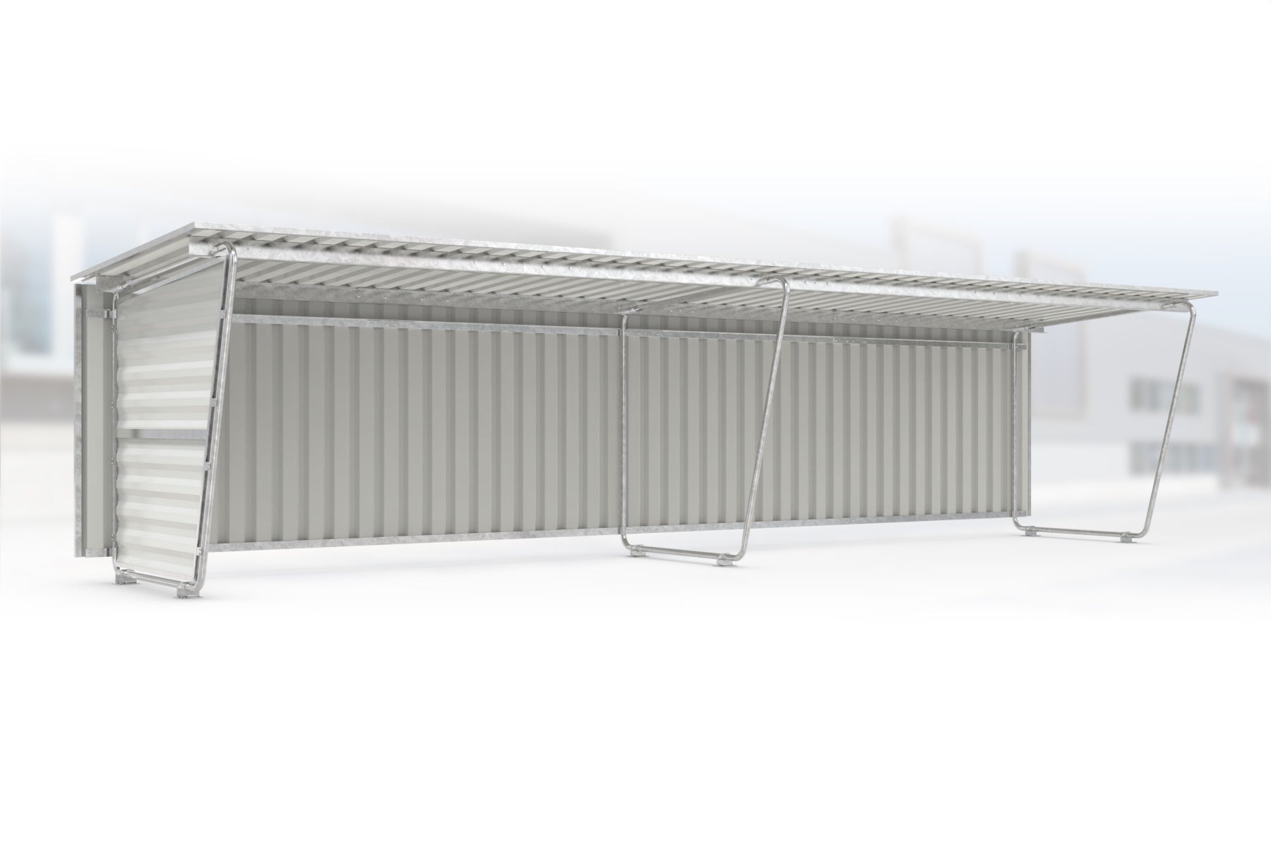 Anbaueinheit Siegen S19 feuerverzinkt an Grundeinheit Siegen S18, 4300 × 2330 mm, Pultdach mit Trapezblech, mit Trapezblech-Seitenwand links, mit Trapezblech-Rückwand – Stahlbausatz zur Eigenaufstellung