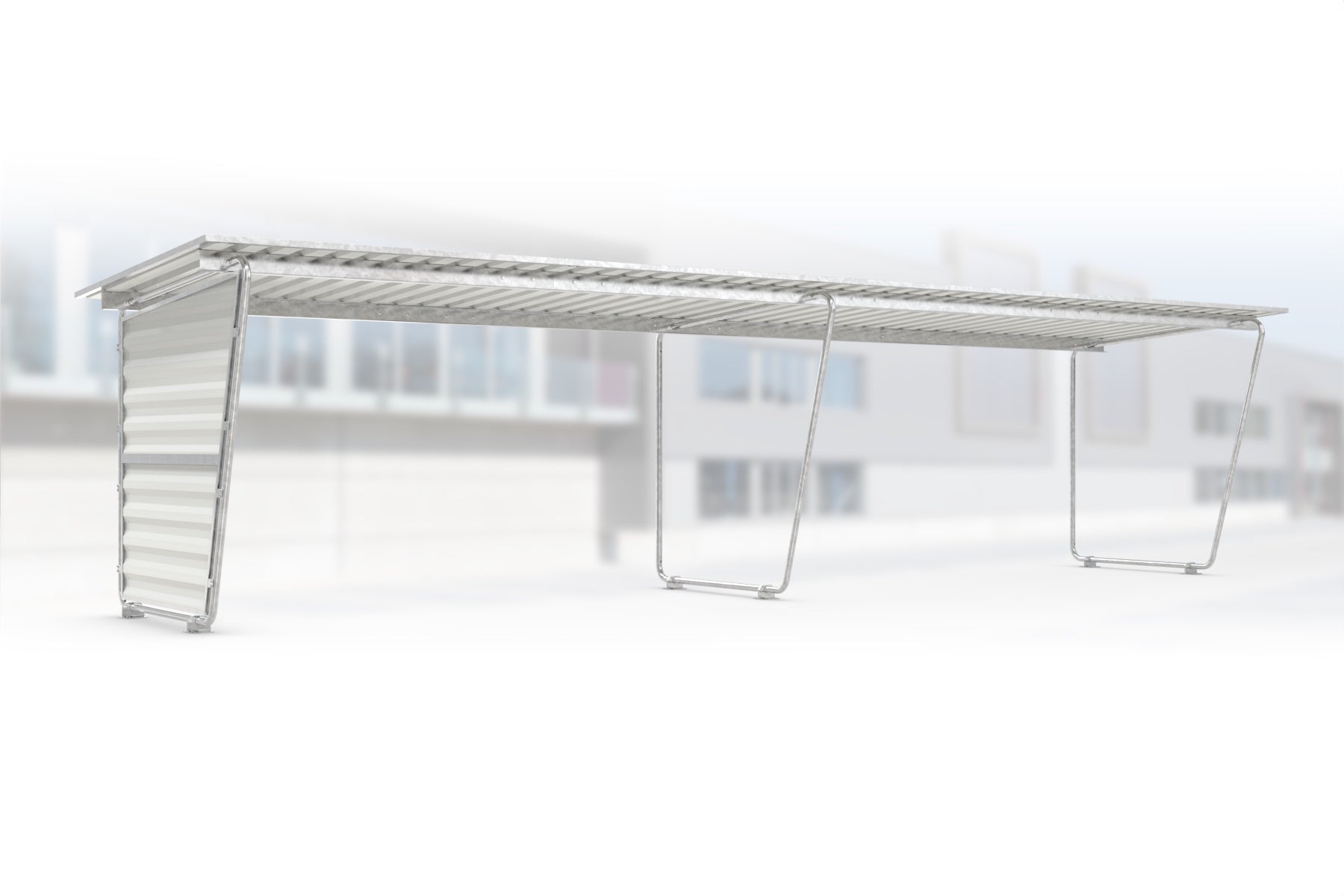 Anbaueinheit Siegen S19 feuerverzinkt an Grundeinheit Siegen S18, 4300 × 2330 mm, Pultdach mit Trapezblech, mit Trapezblech-Seitenwand links, offene Rückseite – Stahlbausatz zur Eigenaufstellung