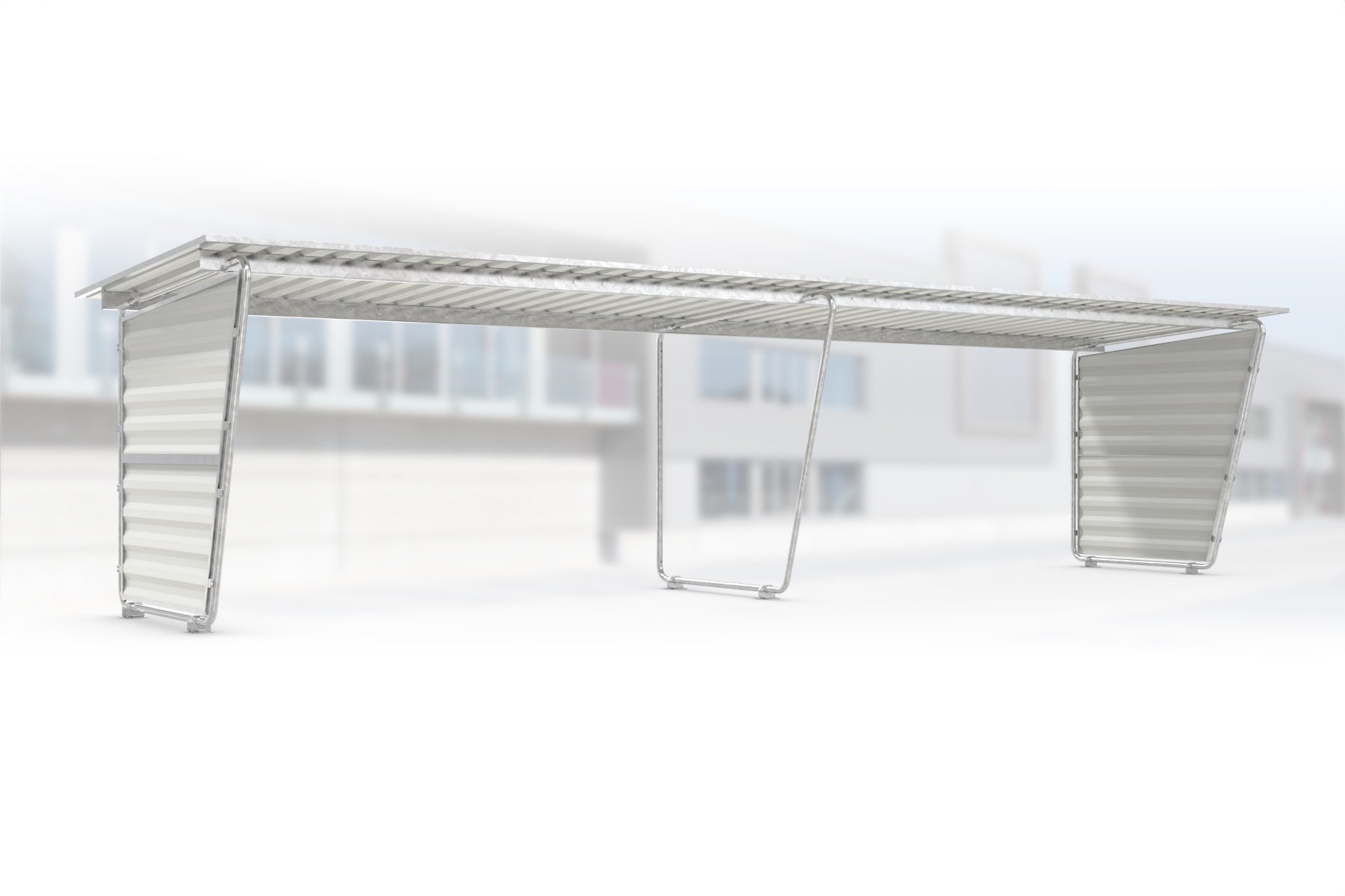 Anbaueinheit Siegen S19 feuerverzinkt an Grundeinheit Siegen S18, 4300 × 2330 mm, Pultdach mit Trapezblech, mit Trapezblech-Seitenwänden links und rechts, offene Rückseite – Stahlbausatz zur Eigenaufstellung