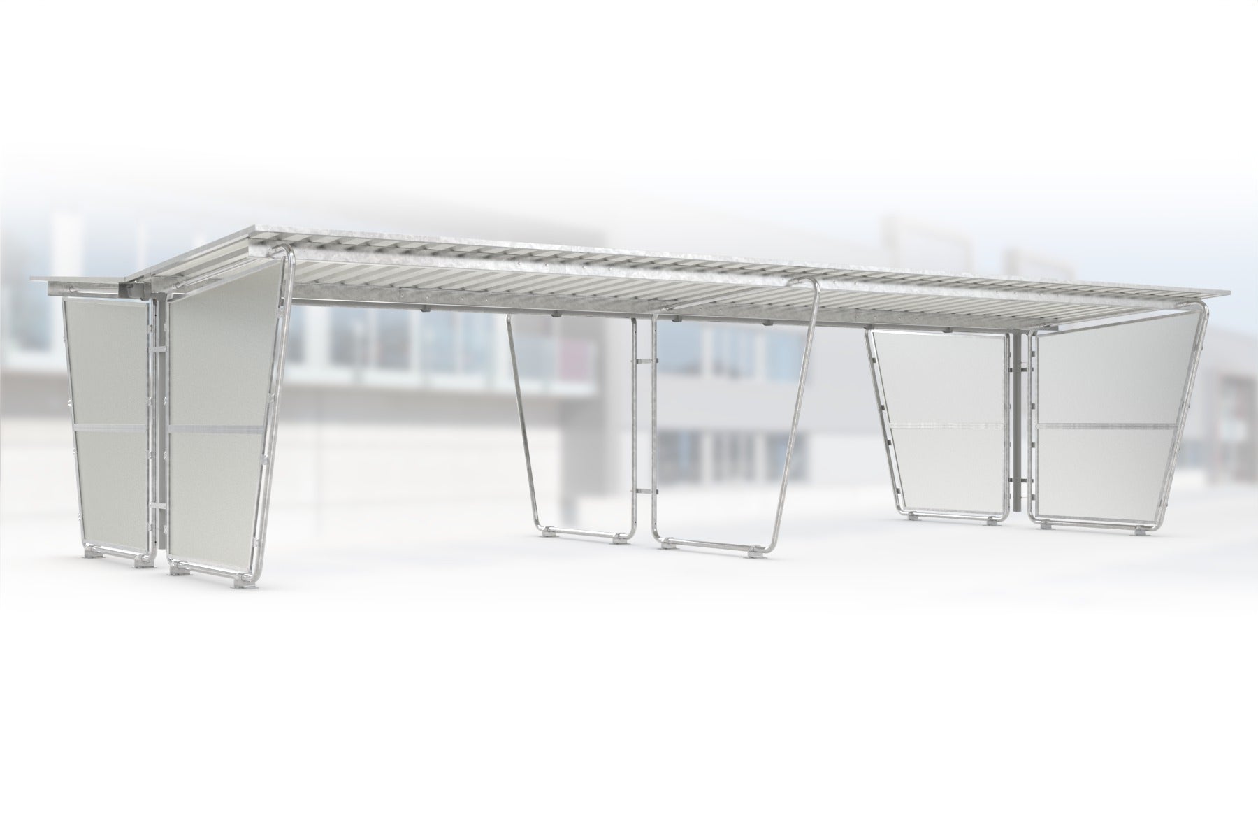 Anbaueinheit Siegen S29 feuerverzinkt an Grundeinheit Siegen S28, doppelseitig, 4300 × 4660 mm, Pultdach mit Trapezblech, mit lichtdurchlässigen Polyester-Seitenwänden links und rechts, Regenrinne und Fallrohr inklusive – Stahlbausatz zur Eigenaufstellung