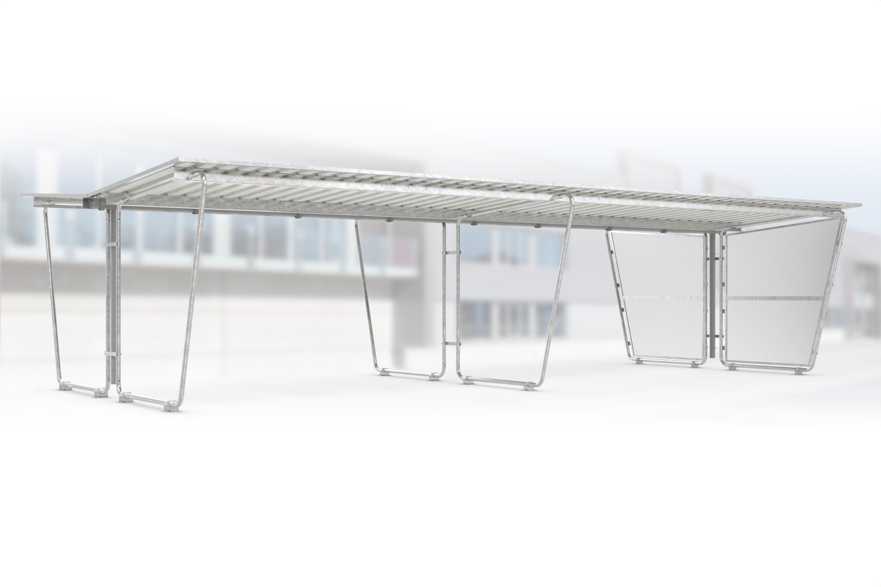 Anbaueinheit Siegen S29 feuerverzinkt an Grundeinheit Siegen S28, doppelseitig, 4300 × 4660 mm, Pultdach mit Trapezblech, mit lichtdurchlässiger Polyester-Seitenwand rechts, Regenrinne und Fallrohr inklusive – Stahlbausatz zur Eigenaufstellung
