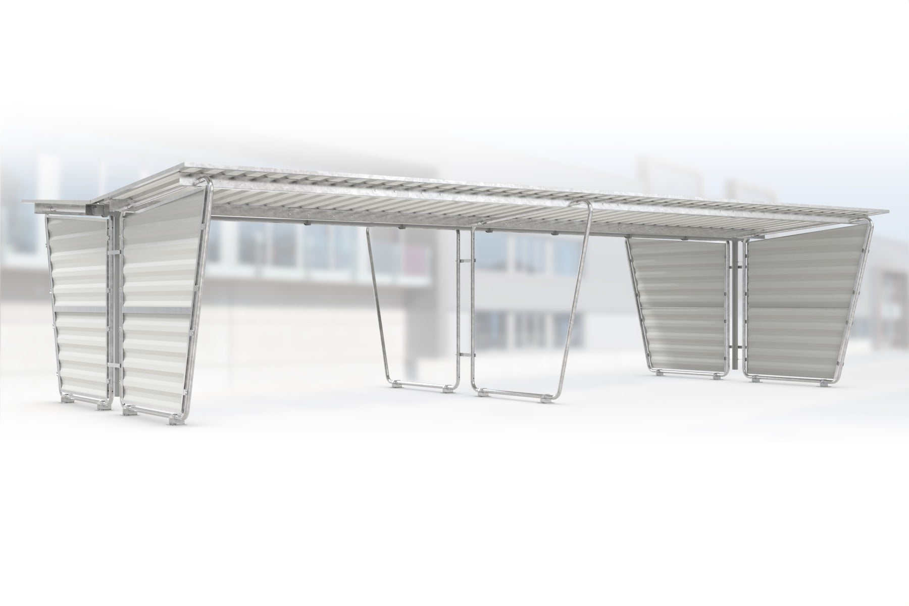 Anbaueinheit Siegen S29 feuerverzinkt an Grundeinheit Siegen S28, doppelseitig, 4300 × 4660 mm, Pultdach mit Trapezblech, mit Trapezblech-Seitenwänden links und rechts, Regenrinne und Fallrohr inklusive – Stahlbausatz zur Eigenaufstellung
