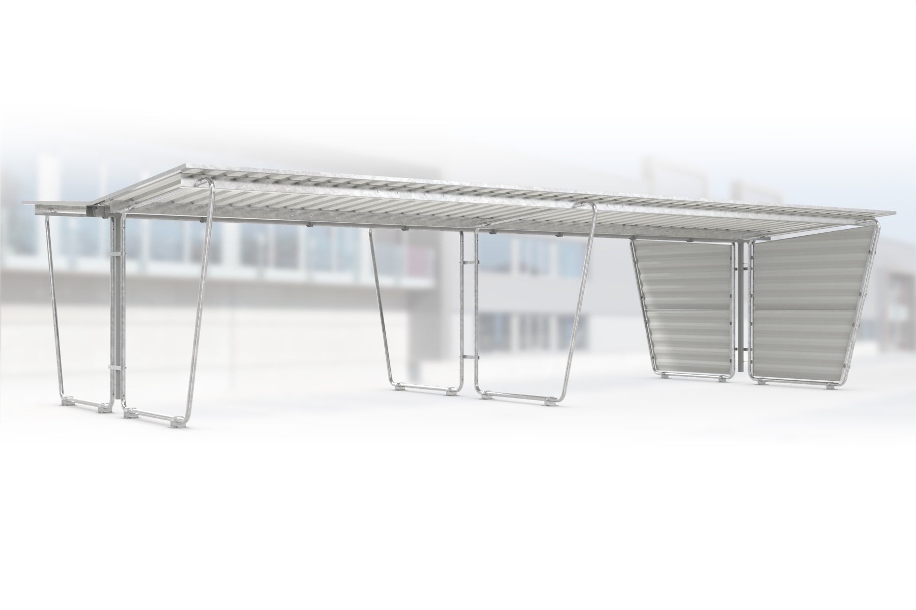 Anbaueinheit Siegen S29 feuerverzinkt an Grundeinheit Siegen S28, doppelseitig, 4300 × 4660 mm, Pultdach mit Trapezblech, mit Trapezblech-Seitenwand rechts, Regenrinne und Fallrohr inklusive – Stahlbausatz zur Eigenaufstellung