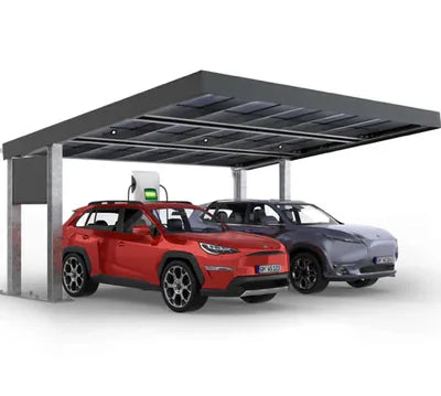 Modernes Carport aus Metall mit zwei geparkten Autos und Ladestation für Elektrofahrzeuge