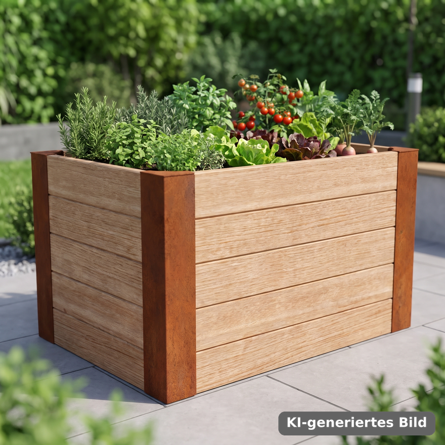 KI-generiertes Bild: Cortenstahl-Hochbeet aus Pfosten und Holzbohlen im Garten, bepflanzt mit Kraeutern und Gemuese