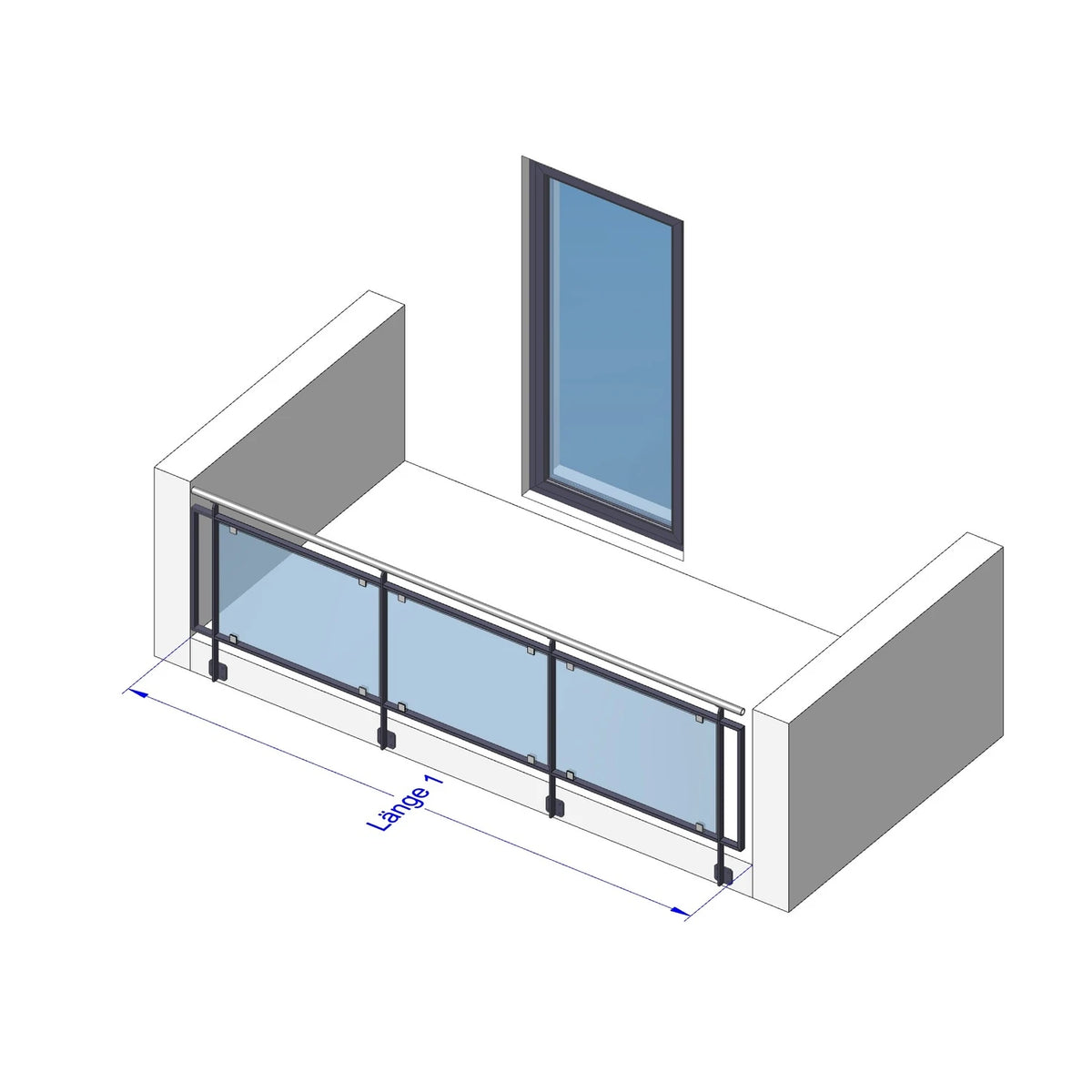 Glas Geländer Modell Vista, I-Form (gerade), vorgesetzt, mit Handlauf – Maßskizze Länge 1