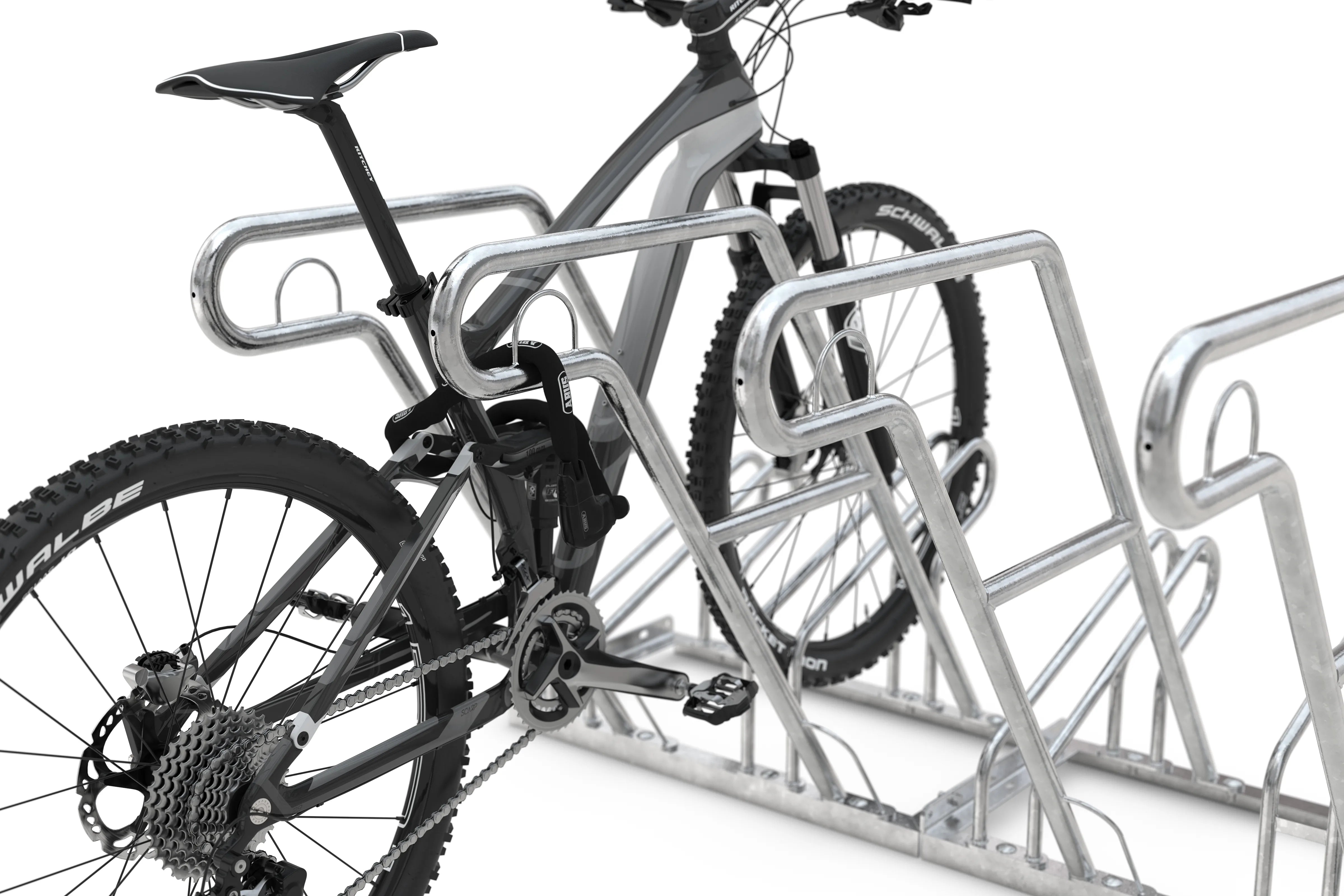 Fahrradparker aus Metall mit Mountainbike, stabiler Fahrradständer für mehrere Räder