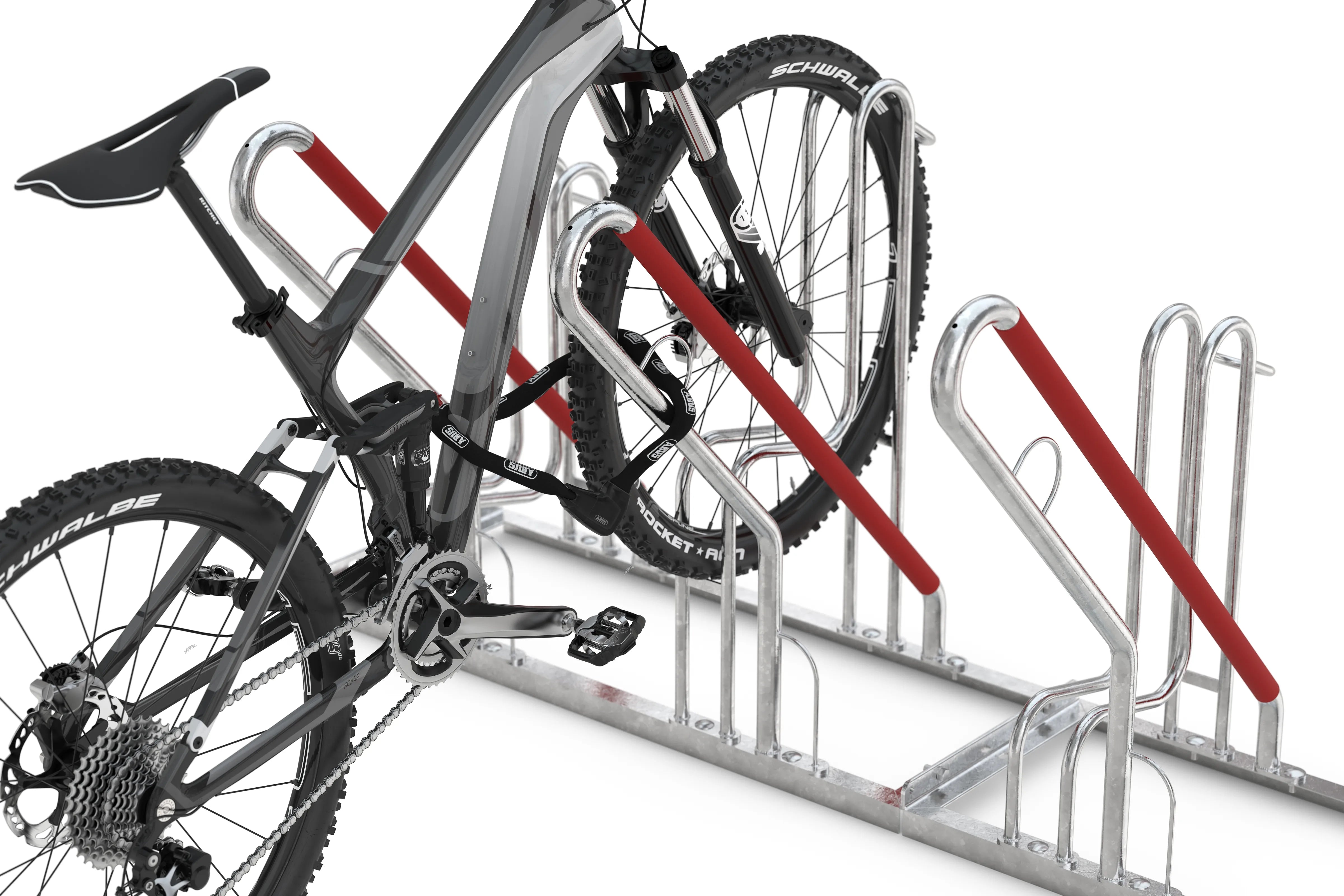 Fahrradparksystem aus Metall mit Fahrrad, integriertem Diebstahlschutz und roten Schutzbügeln