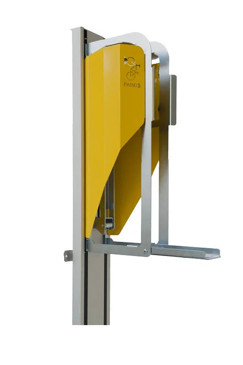 Vertikale Fahrrad-Wandhalterung aus Metall in Gelb, platzsparender Fahrradlift
