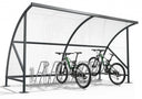 Moderne Fahrradüberdachung mit Fahrradständer aus Metall, zwei Fahrräder abgestellt