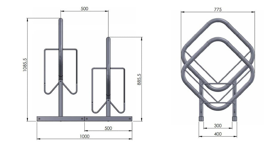 Technische Zeichnung eines Fahrradständers aus Metall mit Maßangaben, Fahrradbügel für zwei Fahrräder.