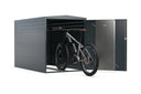 Geräumige Fahrradbox aus Metall mit offenem Tor und E-Bike im modernen Design