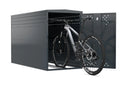 Graue Fahrradbox aus Metall mit offenem Tor und Mountainbike im Inneren, wetterfest, sicher