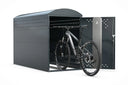 Fahrradbox aus Metall mit Bogendach, geöffnet, ein Mountainbike steht darin