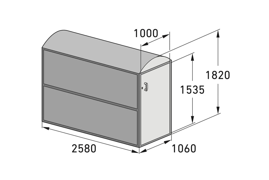 Fahrradbox Bikebox 2 Maxi aus Metall mit Maßen 2580x1060x1820 mm, abgeschrägtes Dach, Seitentür, technische Zeichnung