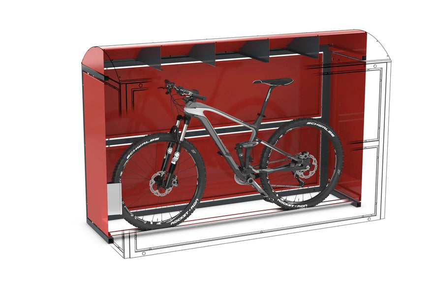 Rote Fahrradbox aus Metall für sichere Fahrradaufbewahrung, Mountainbike innen