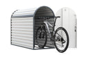 Robuste Fahrradbox aus Metall in Grau mit offenem Tor und Mountainbike im Inneren