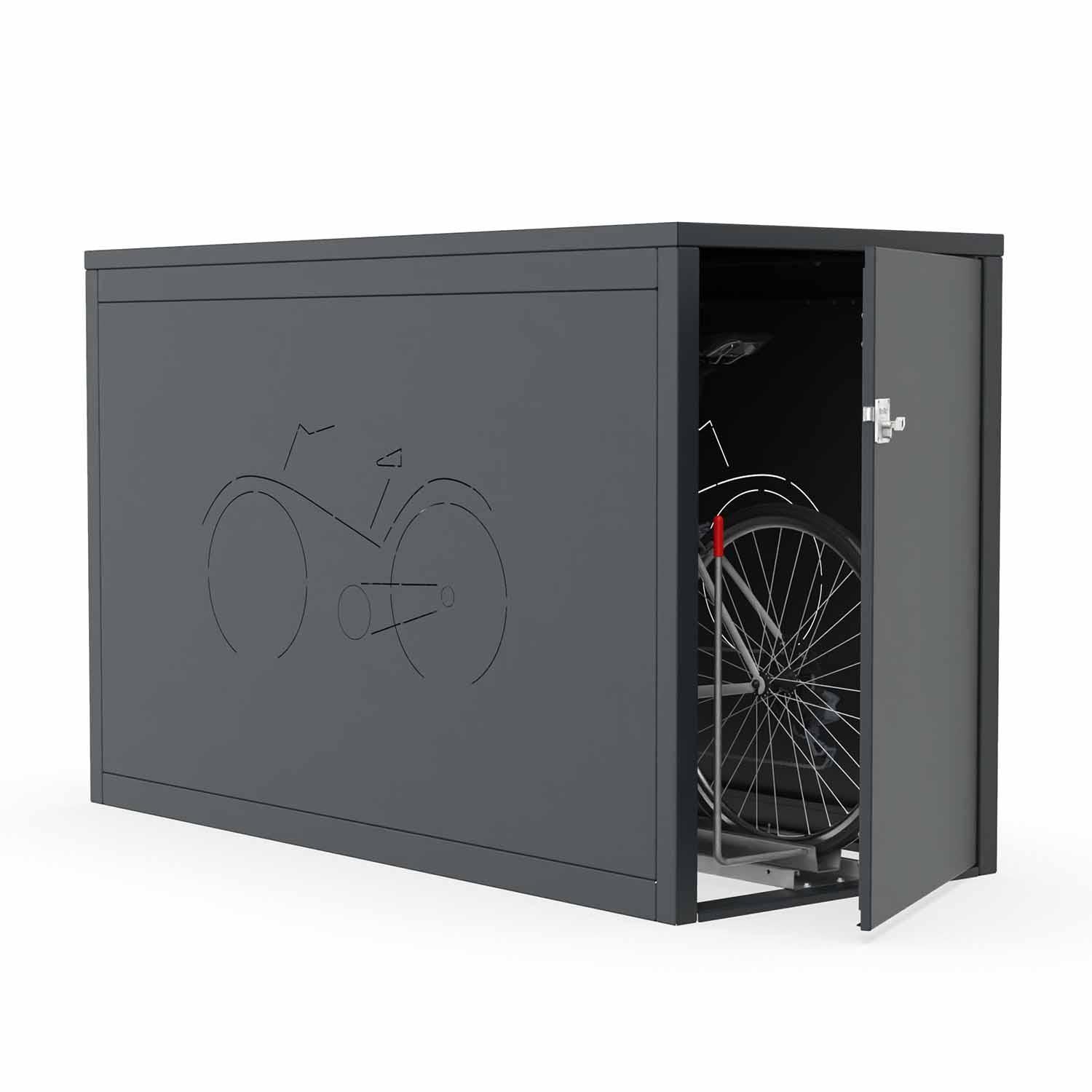 Fahrradbox Diamond mit Flachdach aus Stahl RAL 7016, ausziehbare Einlaufschiene, Lüftungsmuster Fahrrad – Diebstahl- und Witterungsschutz