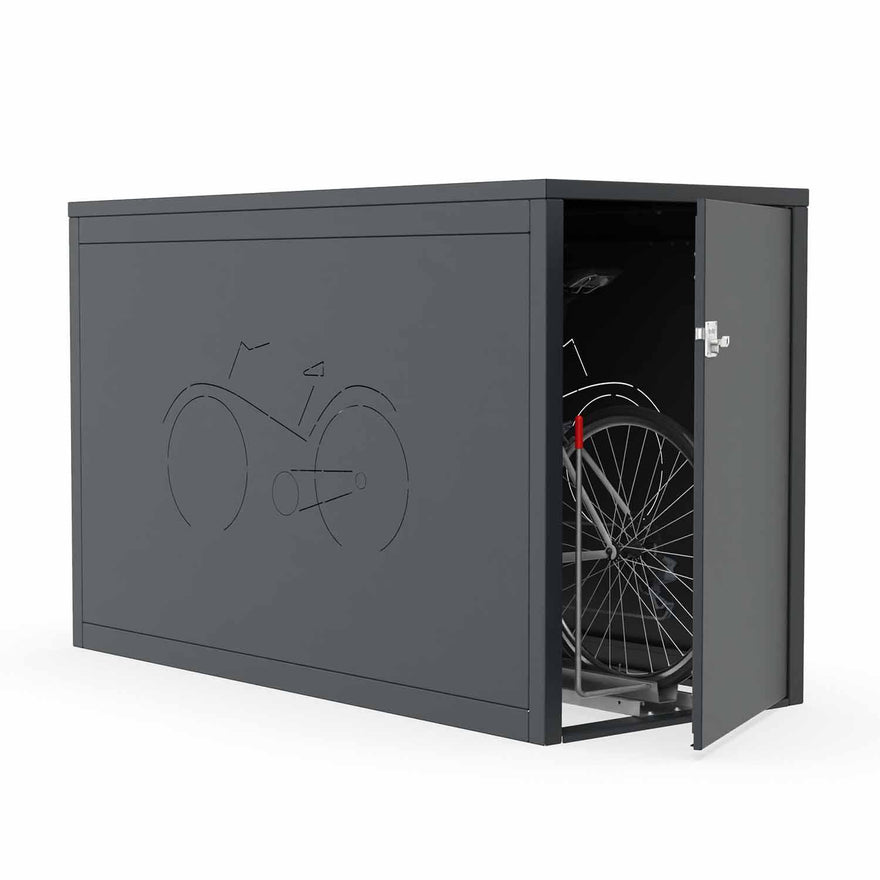 Fahrradbox Diamond mit Flachdach aus Stahl RAL 7016, ausziehbare Einlaufschiene, Lüftungsmuster Fahrrad – Diebstahl- und Witterungsschutz