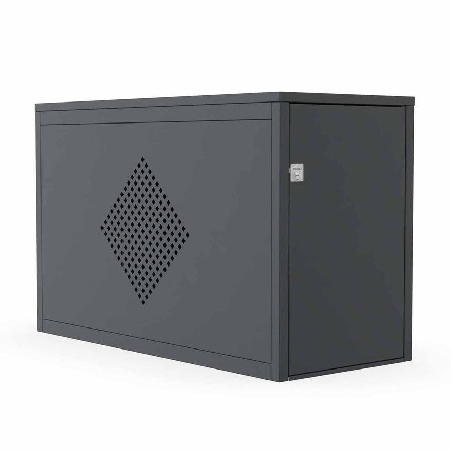 Fahrradbox Diamond Flachdach RAL 7016 mit geöffneter Flügeltür und ausziehbarer Einlaufschiene, Muster Rechteck