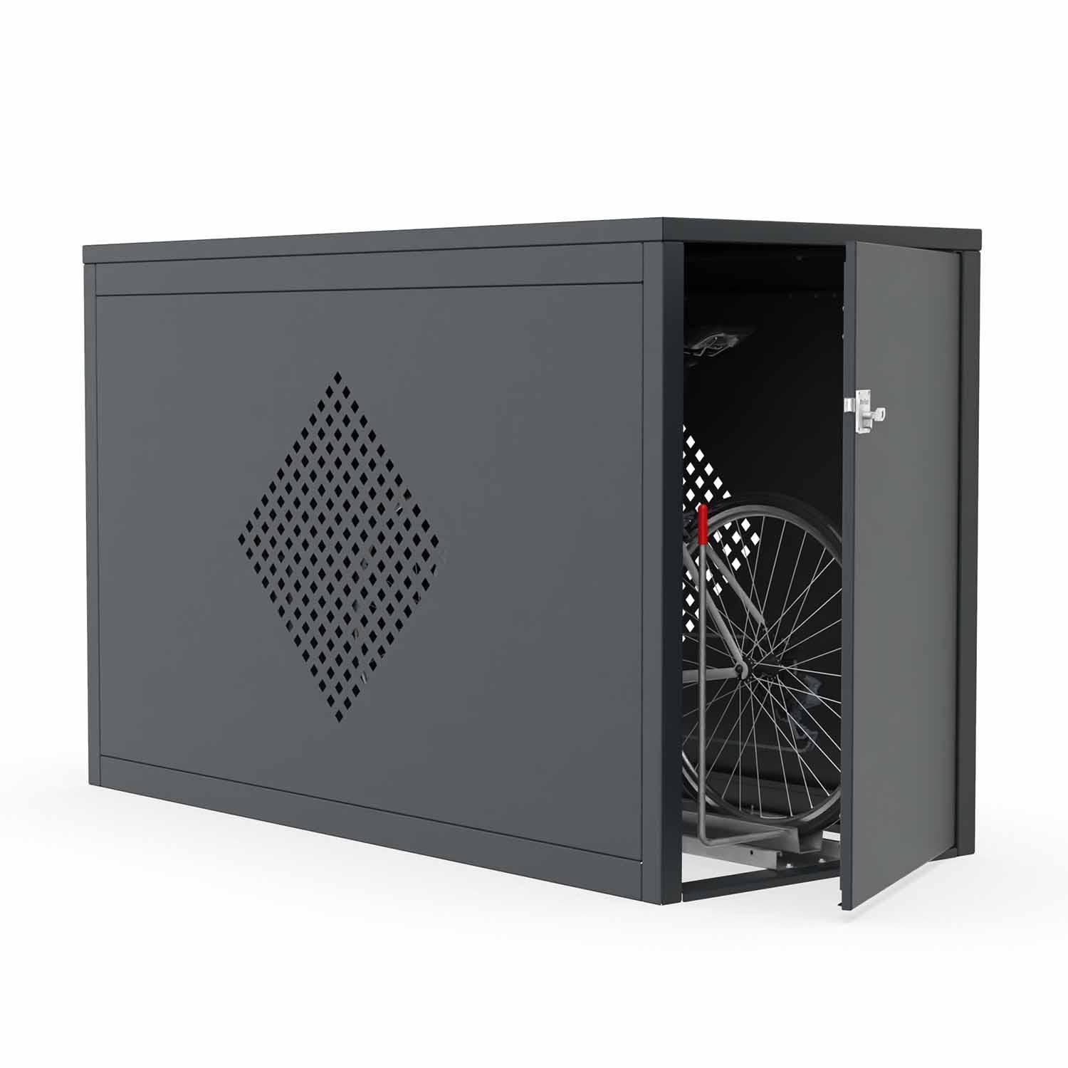 Fahrradbox Diamond mit Flachdach aus Stahl RAL 7016, 1 Stellplatz, ausziehbare Einlaufschiene, Lüftungsmuster Rechteck – abschließbar, Made in Germany