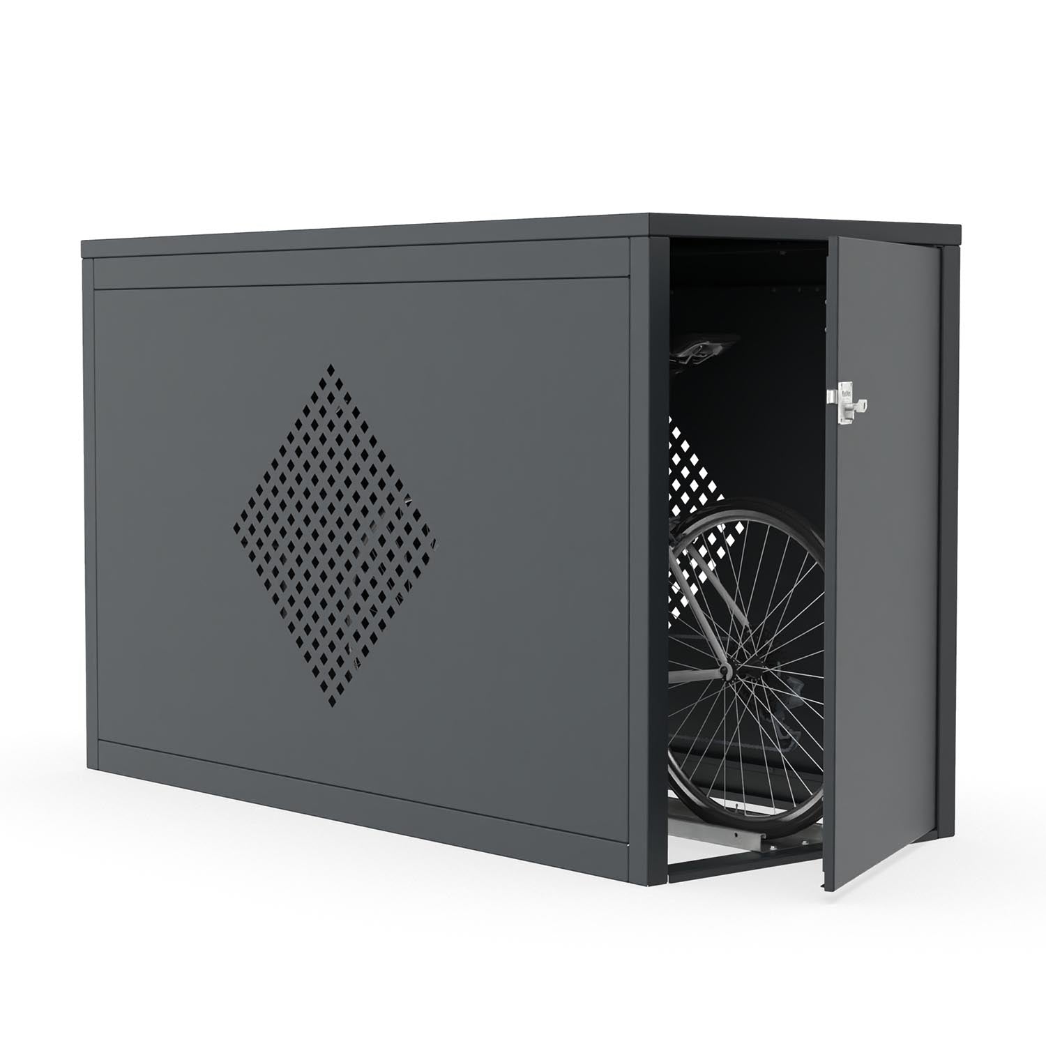Fahrradbox Diamond mit Flachdach aus Stahl RAL 7016, 1 Stellplatz, starre Einlaufschiene, Lüftungsmuster Rechteck – abschließbar, Made in Germany