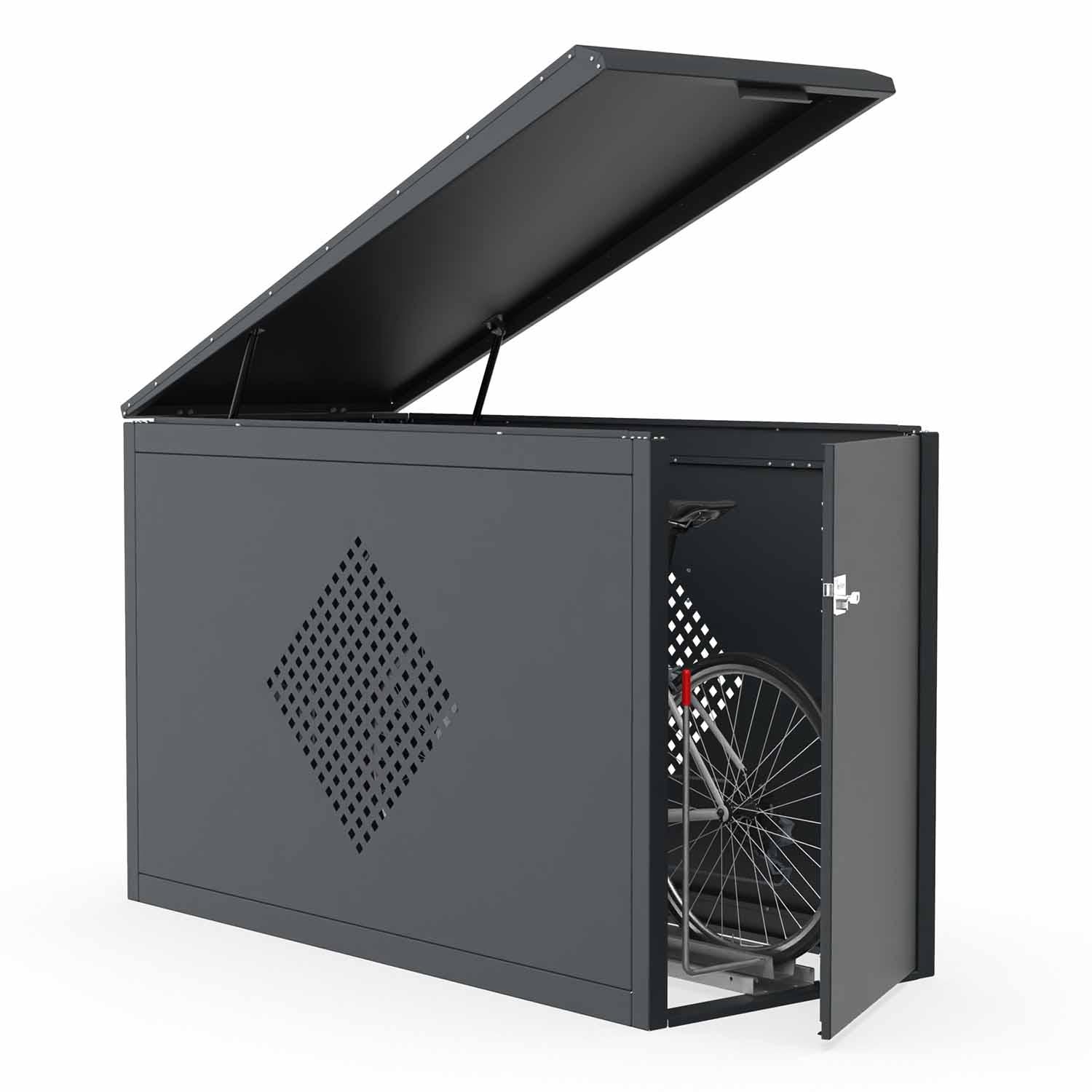 Fahrradbox Diamond Premium mit aufklappbarem Pultdach aus Stahl RAL 7016, ausziehbare Einlaufschiene, Lüftungsmuster Rechteck – abschließbar, Made in Germany