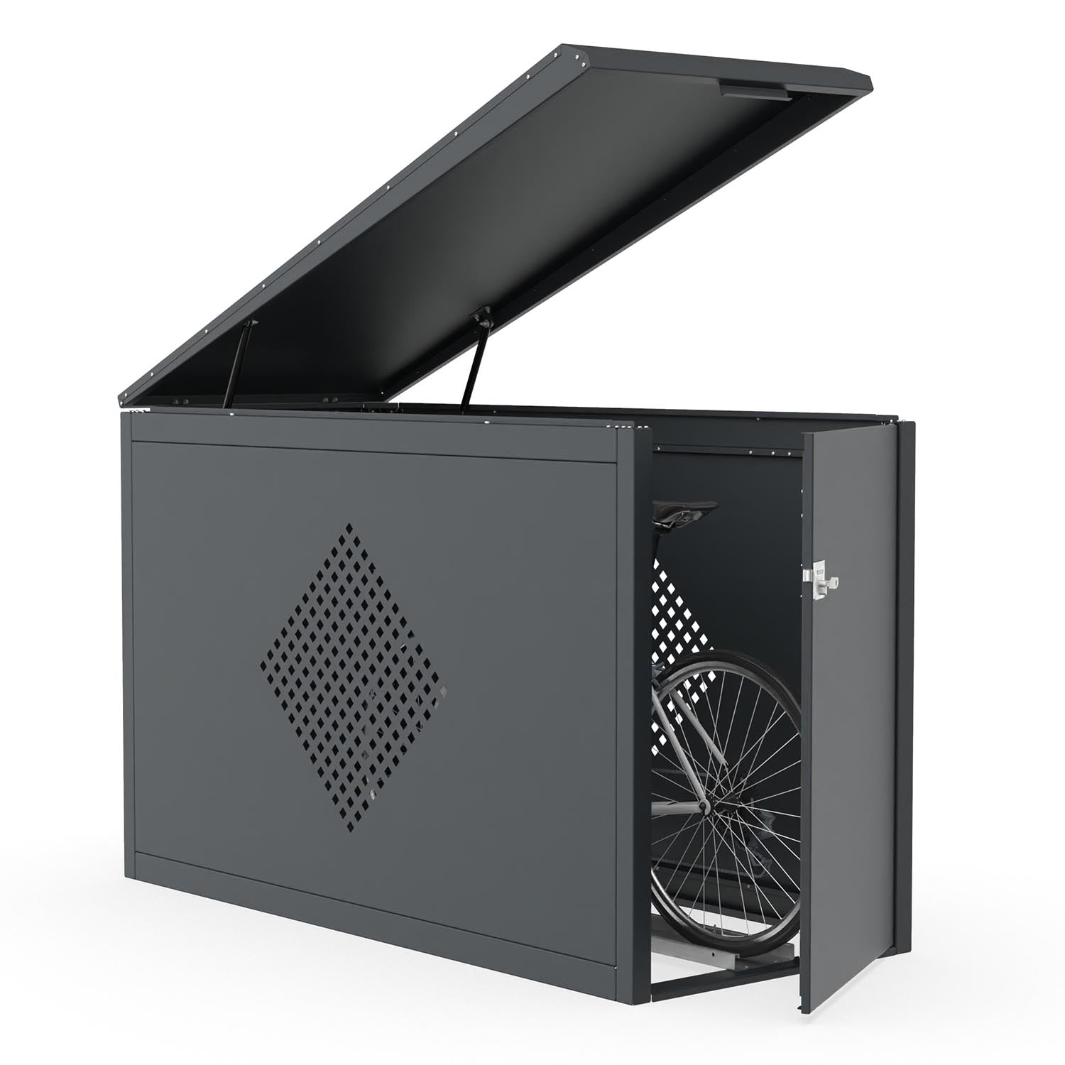 Fahrradbox Diamond Premium mit aufklappbarem Pultdach aus Stahl RAL 7016, starre Einlaufschiene, Lüftungsmuster Rechteck – abschließbar, Made in Germany