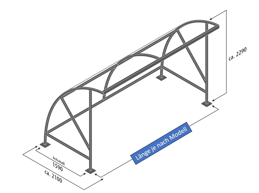 Technische Zeichnung eines Fahrradunterstands aus Metall mit Maßangaben, Abmessung ca. 2290 x 2100 mm.