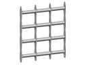Ausziehbares Fenstergitter aus Metall, silber, mit waagerechten und senkrechten Streben.